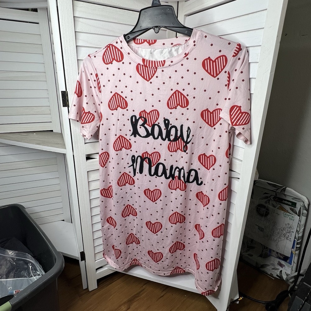 Maternity Sleep Shirt "Baby mama" Pink‎ W/ Red Hearts Size Small